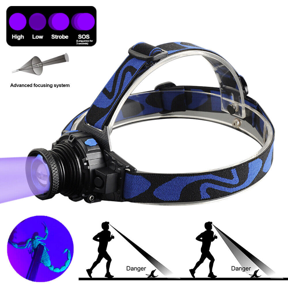 Blacklight UV LED Headlamp Flashlight Head Light+Build-in Rechargeable Battery