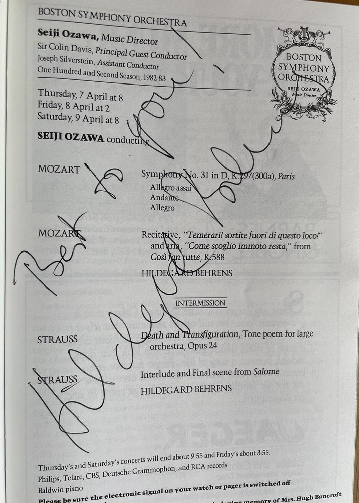 Boston Symphony Orchestra Hildegard Behrens Autographed Program