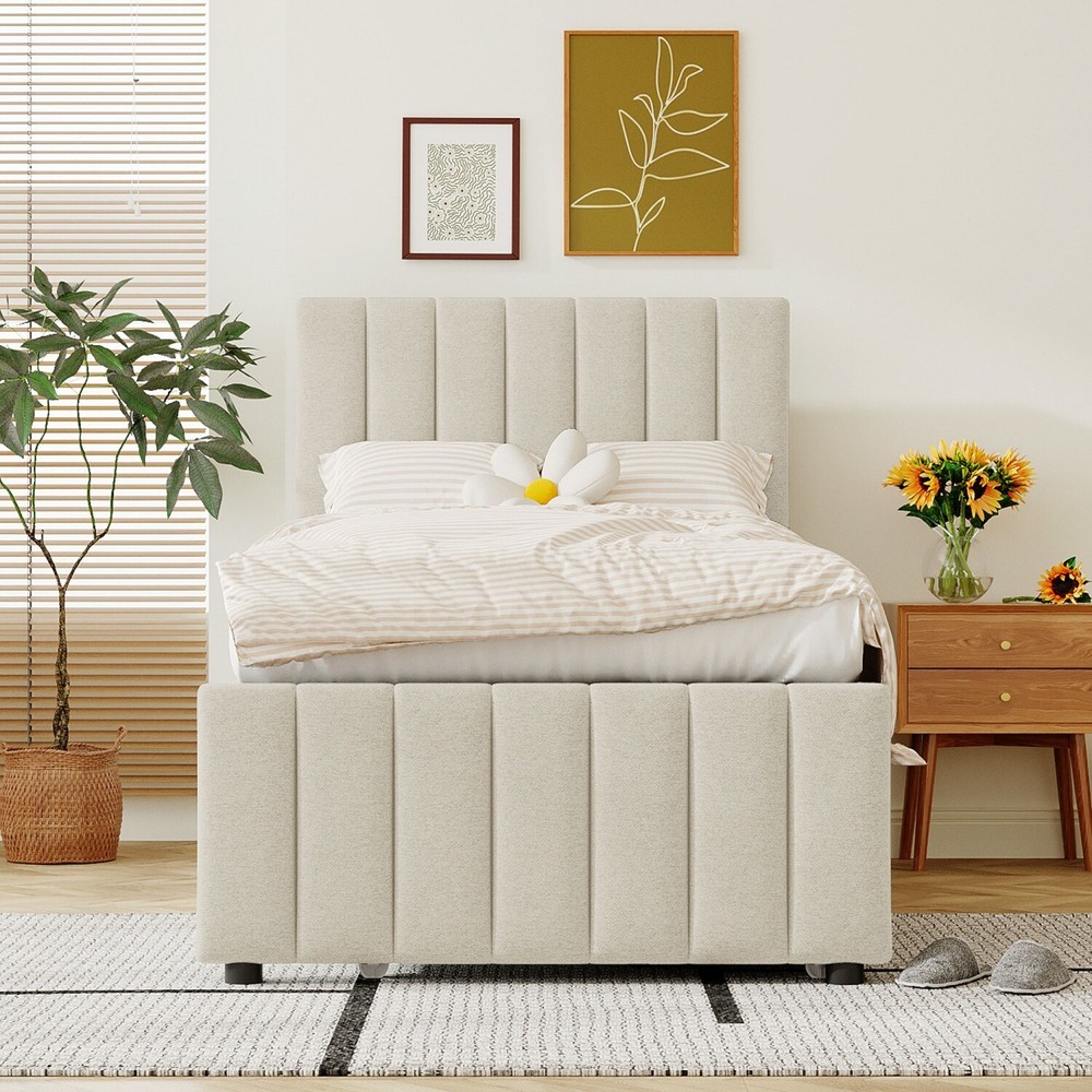 Twin Size Bed Frame Upholstered Platform Bed w/ Pull Out Trundle & 3 Drawers