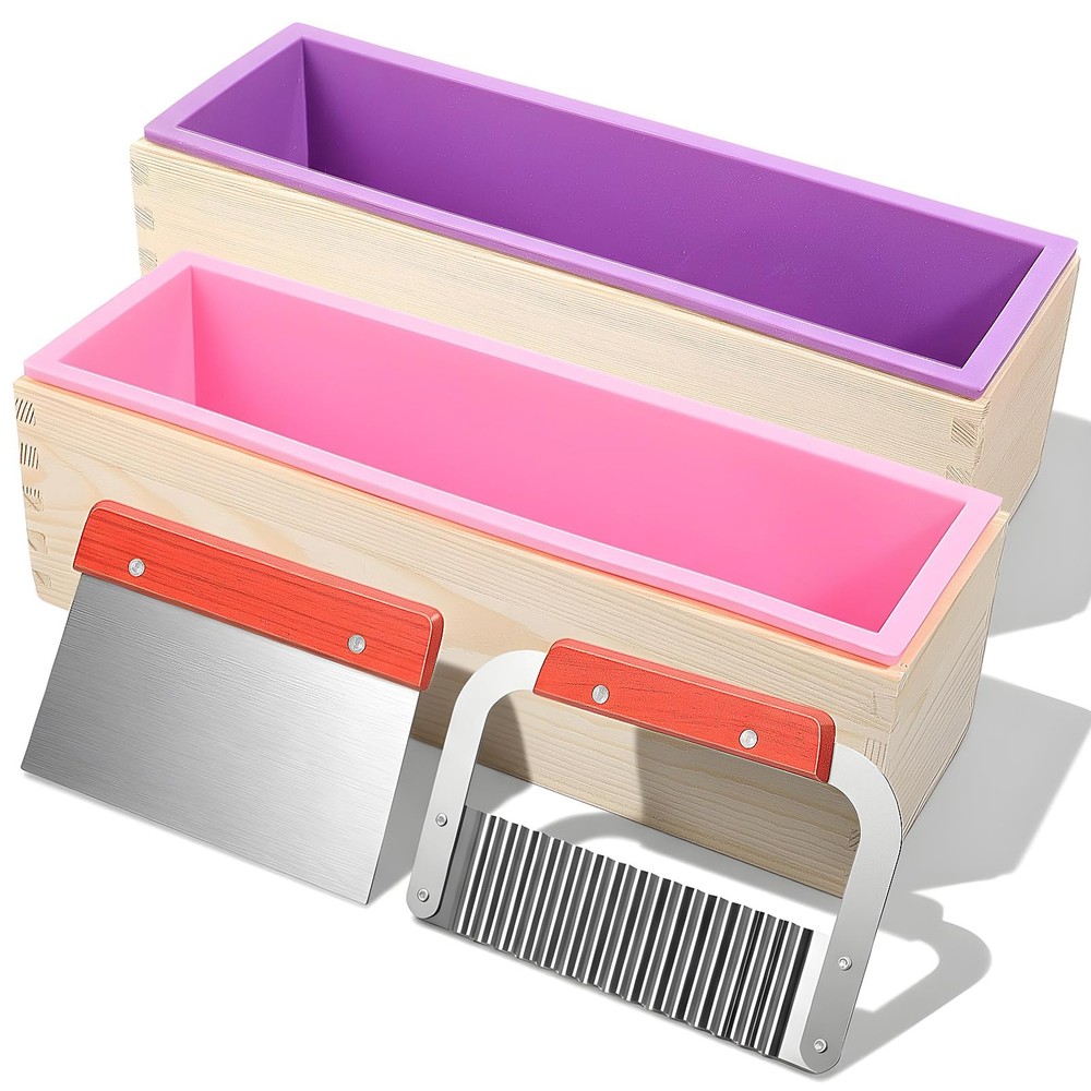 2 Pcs Rectangular Loaf Soap Molds Kit with Wooden Box, 42oz Flexible Silicone...