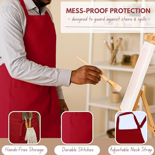 Kitchen Apron 2 Pack - 100% Cotton Adjustable, Durable Apron with Pockets, Red