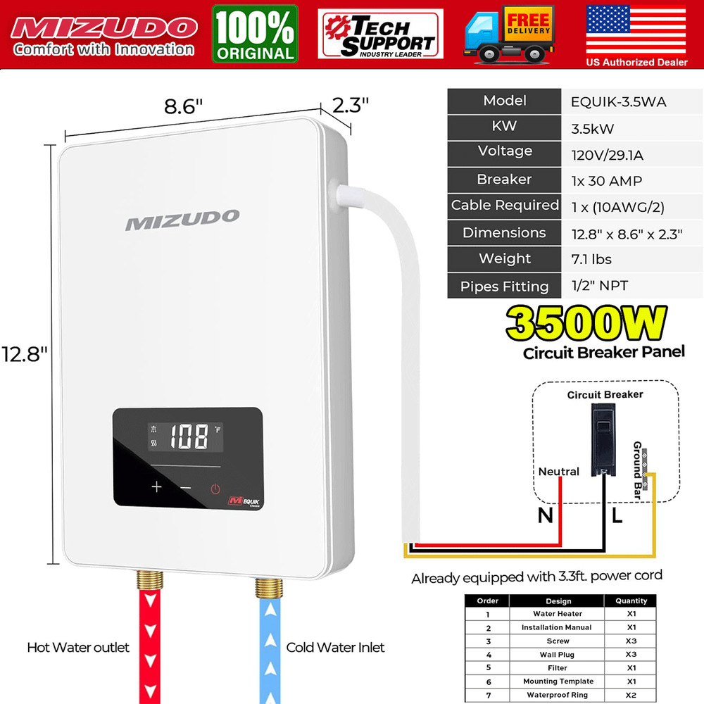 3500W Electric Tankless Water Heater Instant Hot Water Heater for Under Sink
