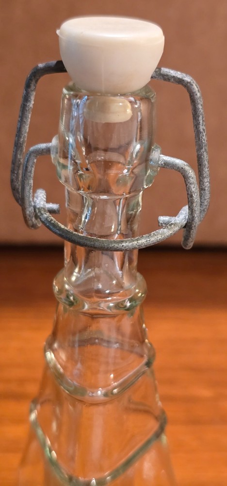 Vintage unusual glass, triangular bottle w/bail & stopper closure