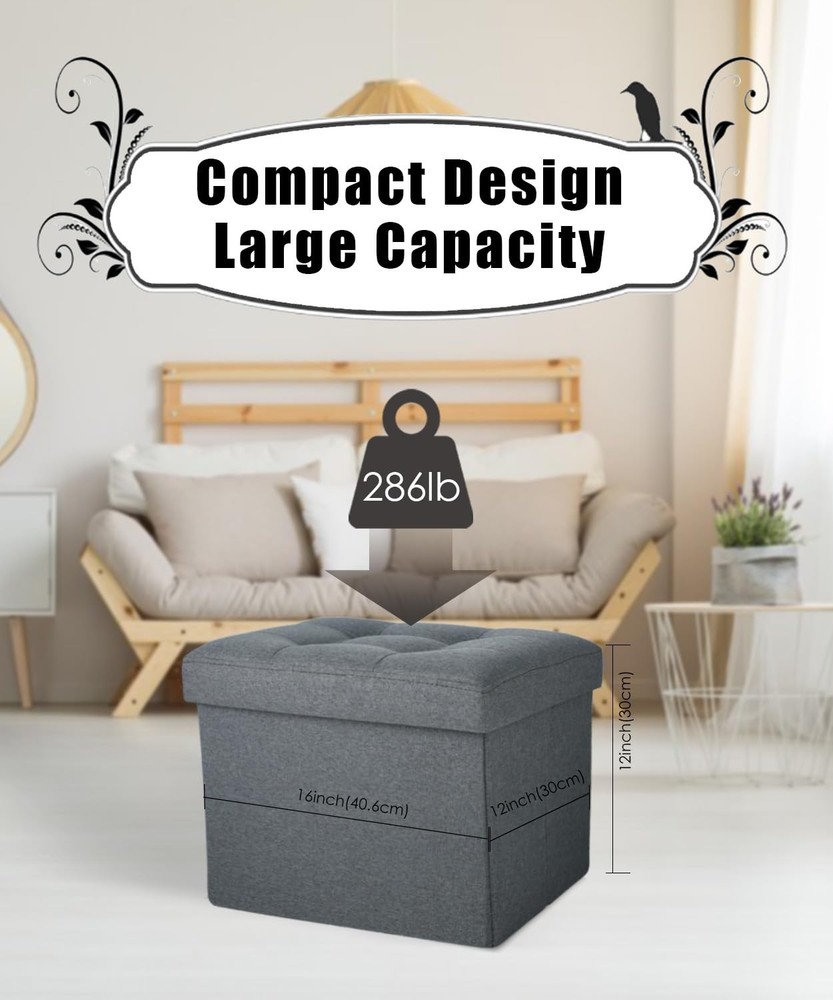 Grey Storage Ottoman, Foot Rest Stool, Foldable Entryway Bench