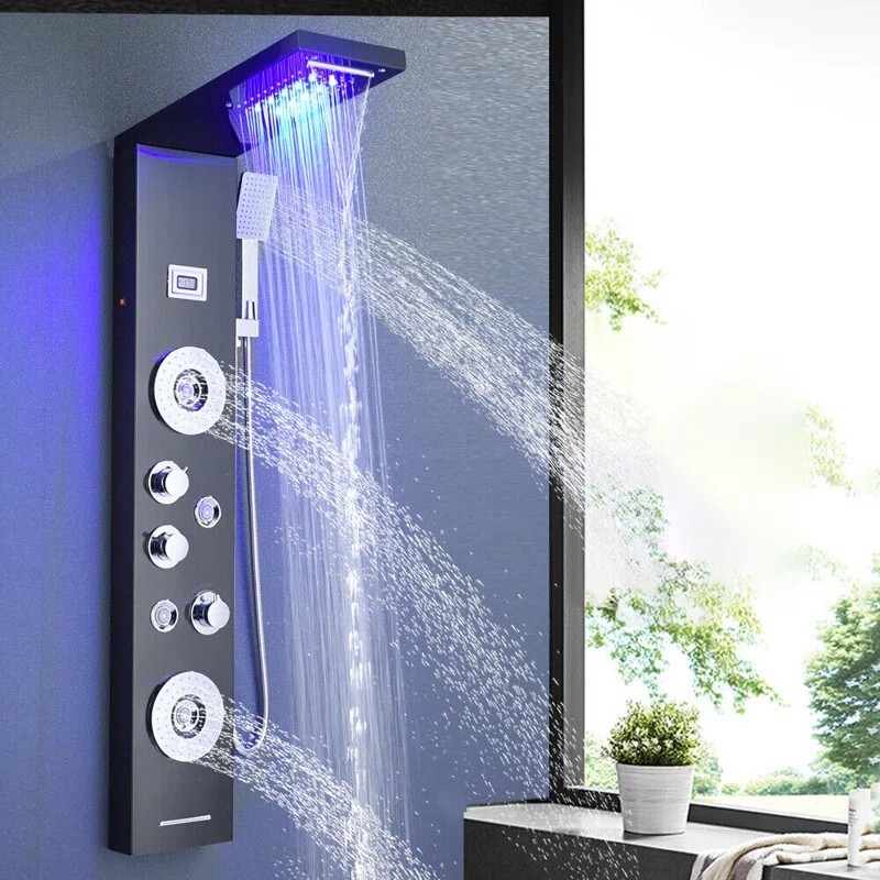 Black LED Shower Panel Tower Rain Waterfall Massage Shower System Set Spray Jet
