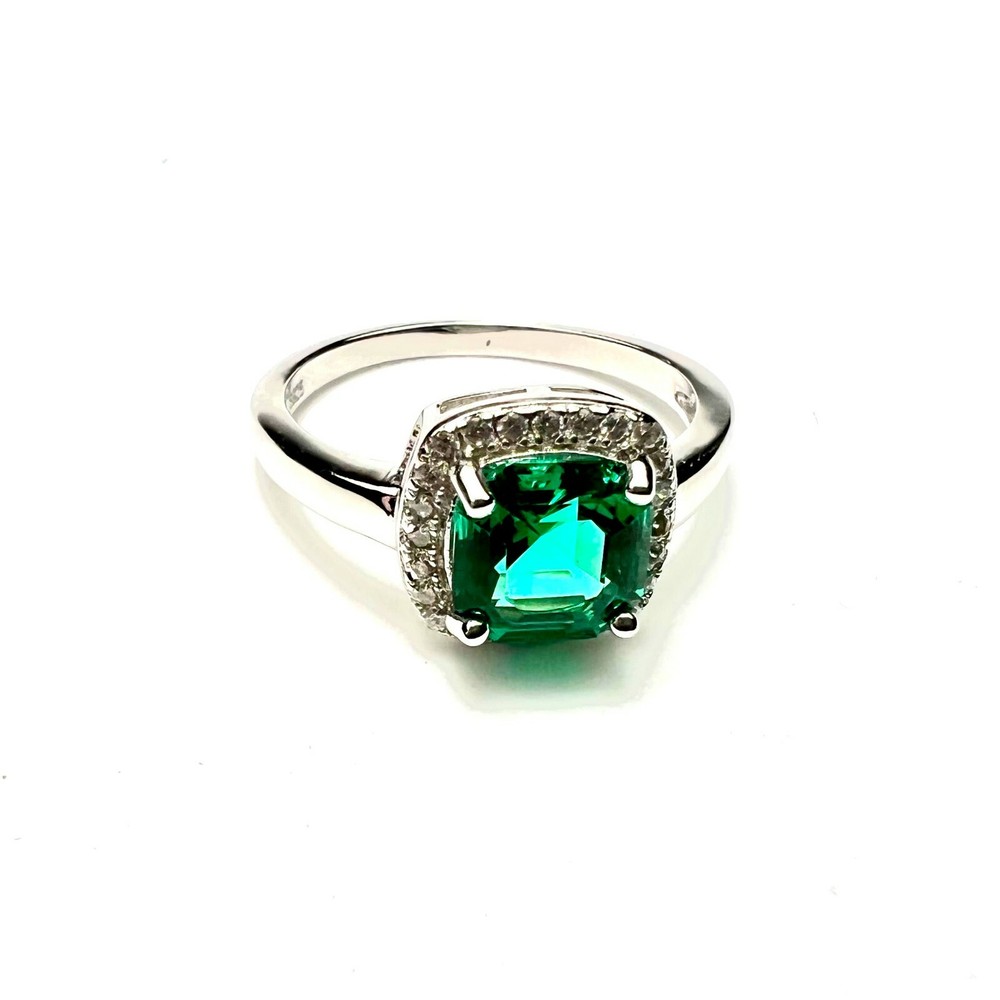Lab Made Emerald Engagement Ring Solid Sterling Silver 925 , May birthstone