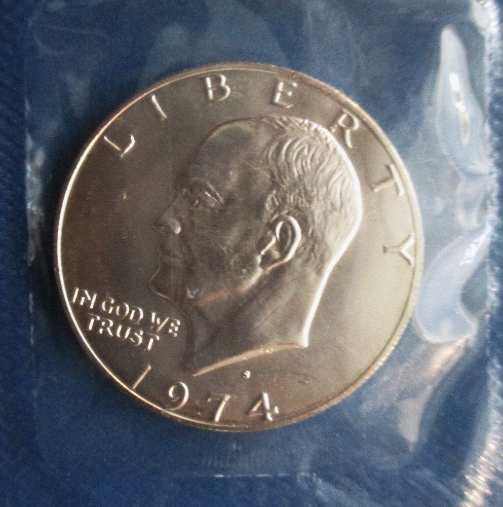 1974 -S BLUE IKE SILVER DOLLAR. WITH ENVELOPE AND COA