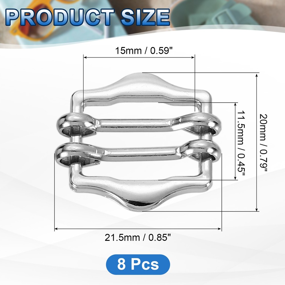 8Pcs Metal Slide Buckles, 15mm Webbing Strap Roller Pin Adjuster, Silver