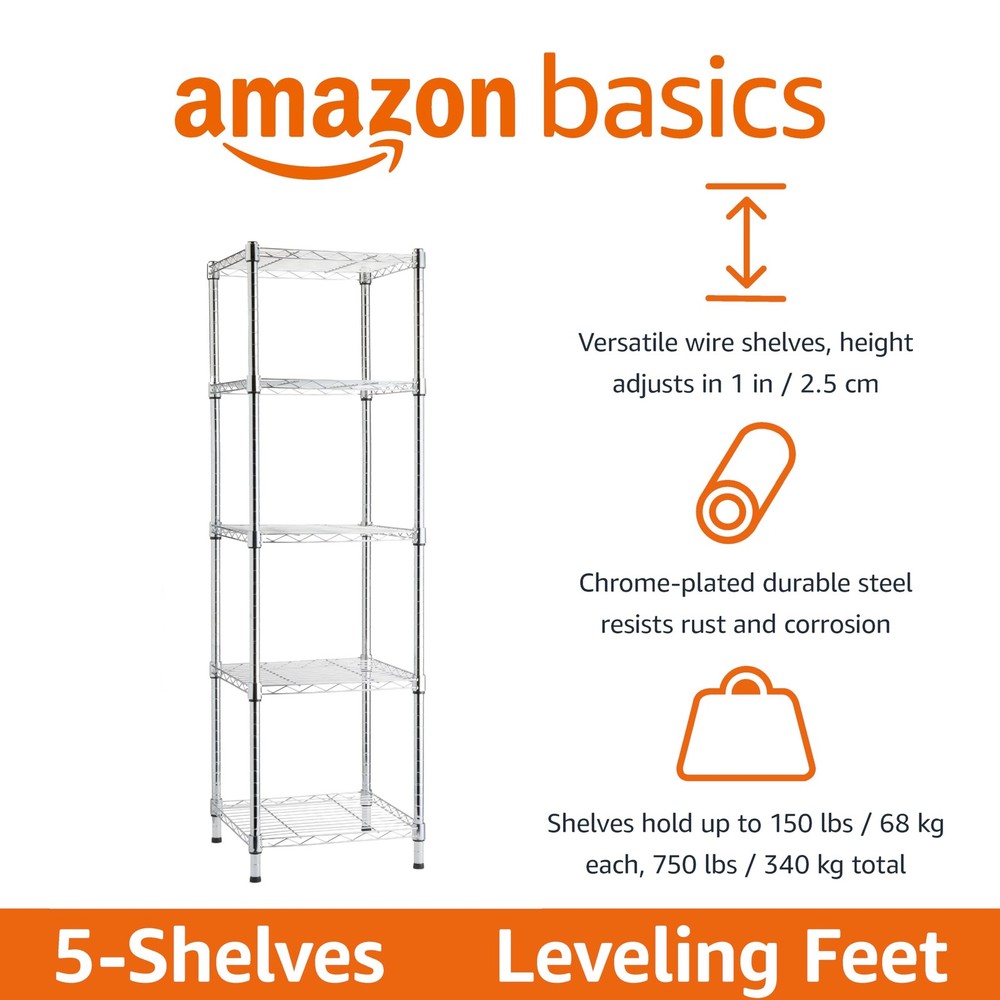 Amazon Basics 5-Shelf Tower Adjustable Storage Shelving Unit, Chrome, 16 D x 16