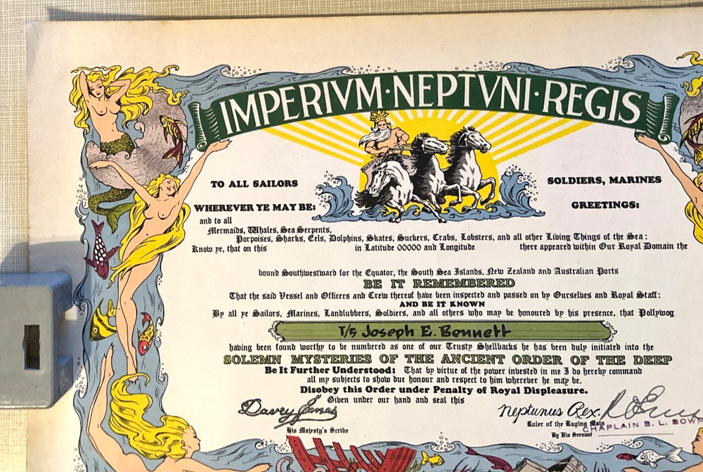 Vintage WWII Imperium Neptuni Regis Certificate - 1943