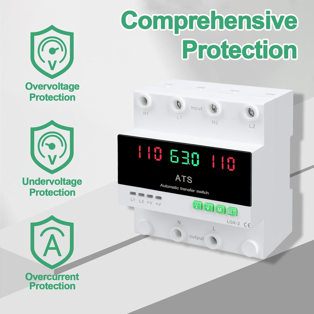 63A 110V Automatic/Manual Transfer Switch, L1 Priority Phase Selector, LED Di...