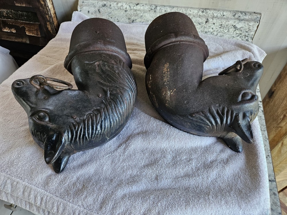 Circa 1900 : Two Double Ring Horse Head Adirons or Hitching Post Toppers