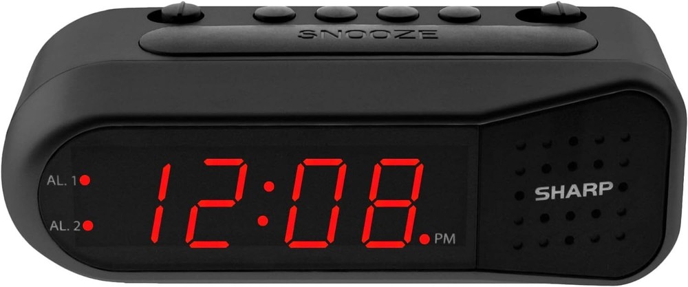 SHARP Digital Alarm Clock – Black Case with Red LEDs - Ascending Alarm Grows