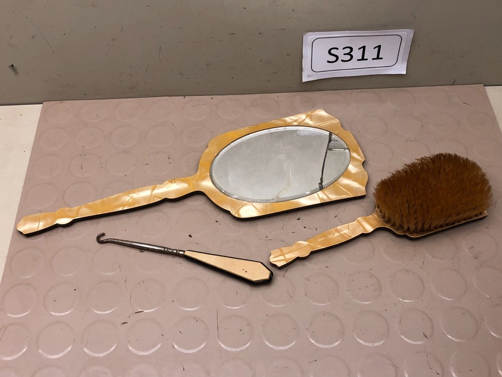 Vintage Gold Marble Bakelite Vanity Set Mirror Brush Hook