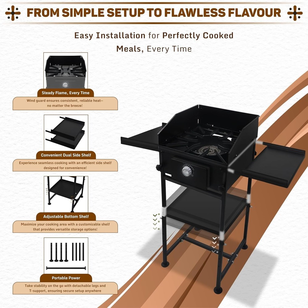 Single Burner Propane Stove - with Dual Side & Bottom Shelf and Wind Panel