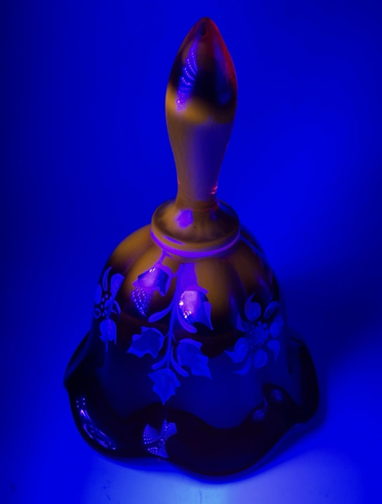 Fenton Ruby Red Hand Bell UV Cadium Glow Gold Silver Floral Signed Numbered #121