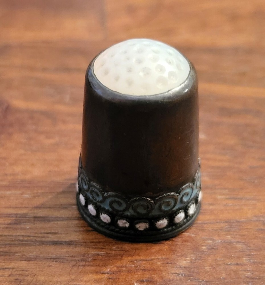 Antique Norwegian Sterling Silver Thimble Enamel & Moonstone David Andersen