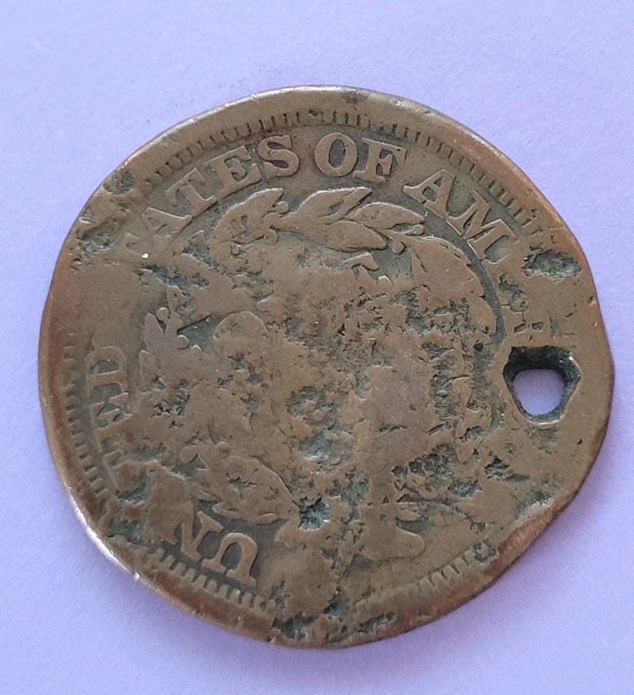 1854 Braided Hair US Large Cent Smashed With A Hole