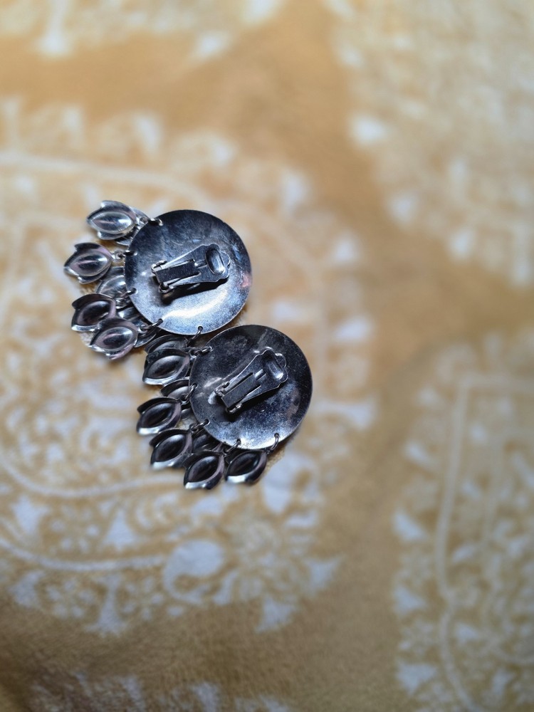 Clip On Earrings Silver Tone Art Deco