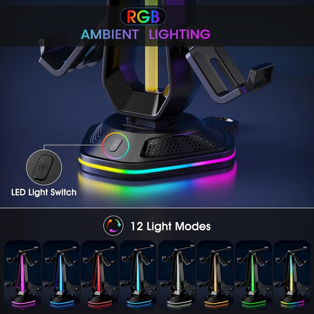 New RGB Headset Stand with 12 Light Modes - Controller Holder for Desk