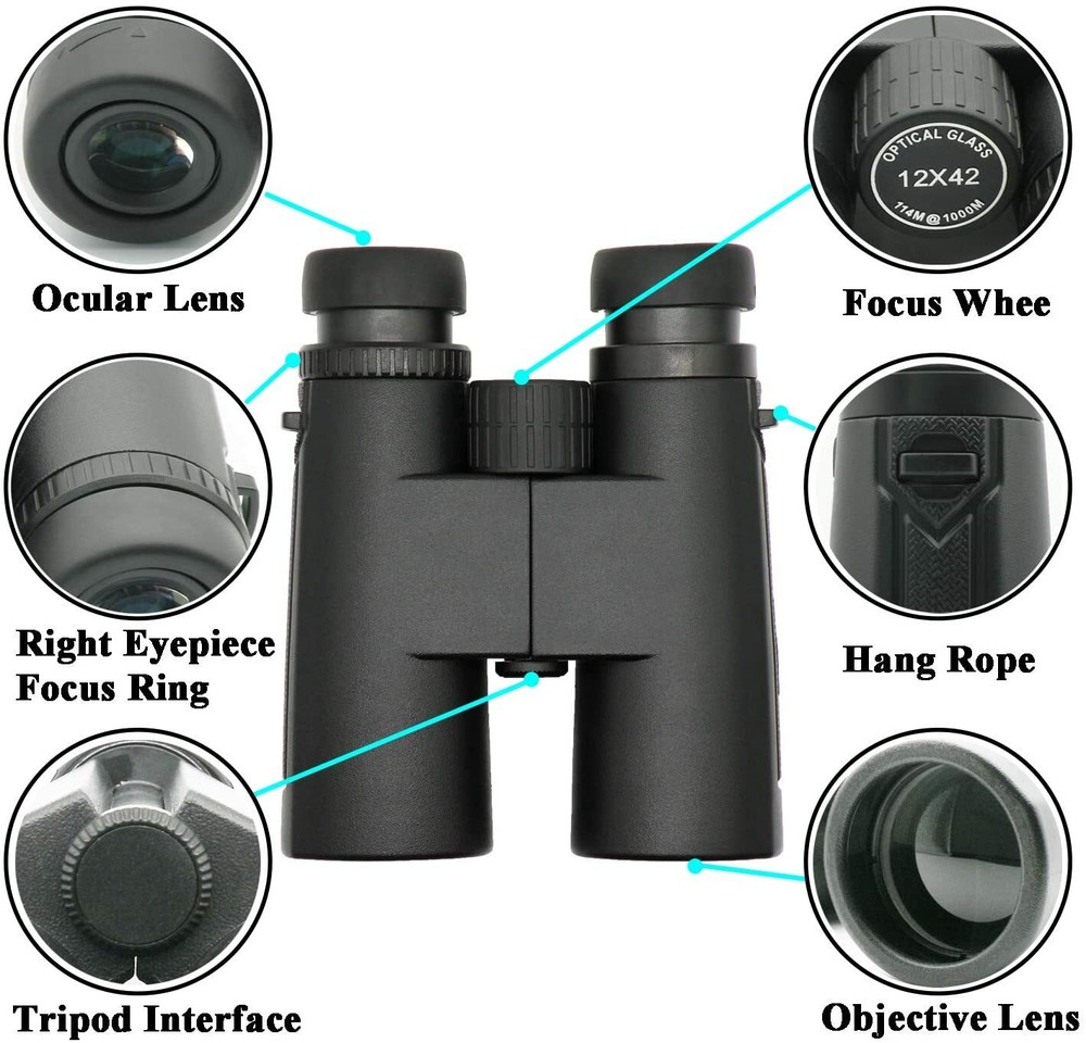 Binoculars with Clear Weak Light Vision, 12x42 Powerful Compact Professional HD