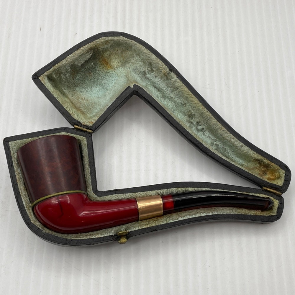 Bakelite Pipe Gold Trim Bent Amber Stem Pipe Damaged With Case