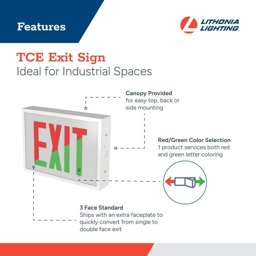 Indura TCE Exit Sign with LED Light Source, Steel Construction, Switchable Red a
