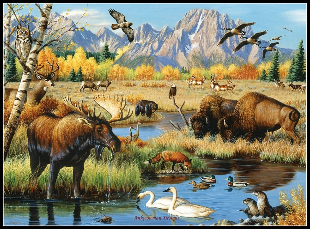 Wildlife Gathering - Chart Counted Cross Stitch Patterns Needlework DIY DMC