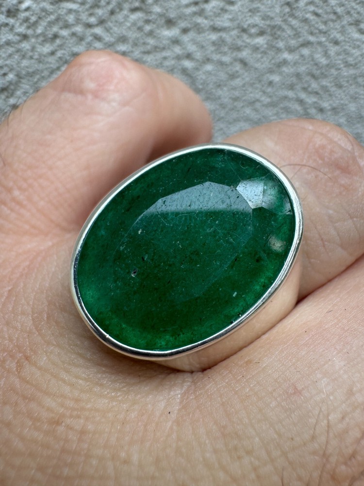 Large 18ct Genuine Emerald Gemstone Mens Real Solid 925 Silver Oval Signet Ring