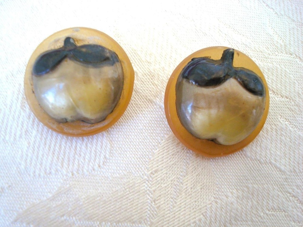 2 Vintage Celluloid Apple Fruit Buttons 1 In. KJ