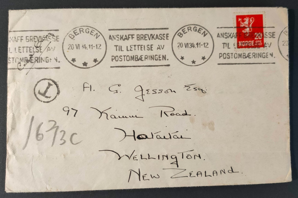 NORGE 1934 BERGEN TO NZ'd MAIL (JF)