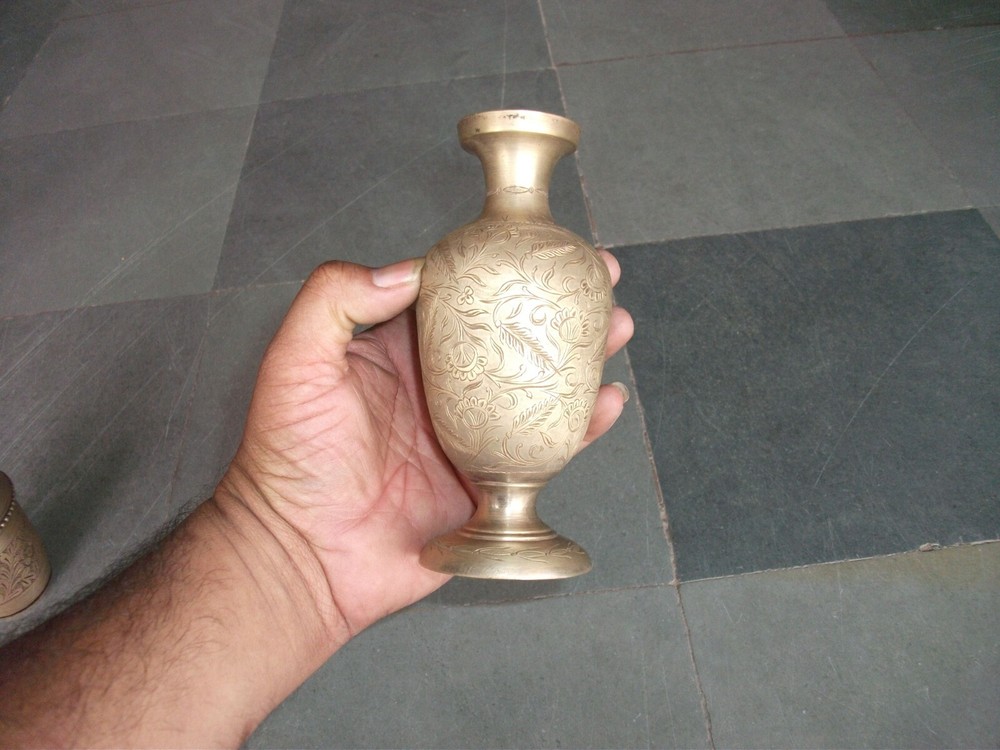 2 Pc Vintage Brass Inlay Engraved Solid Handcrafted Flower Vase & Bottle