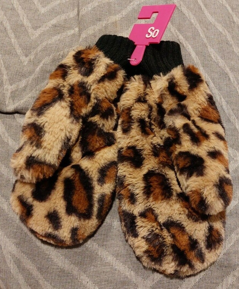 NWT Juniors SO Leopard Faux Fur Mittens -2876