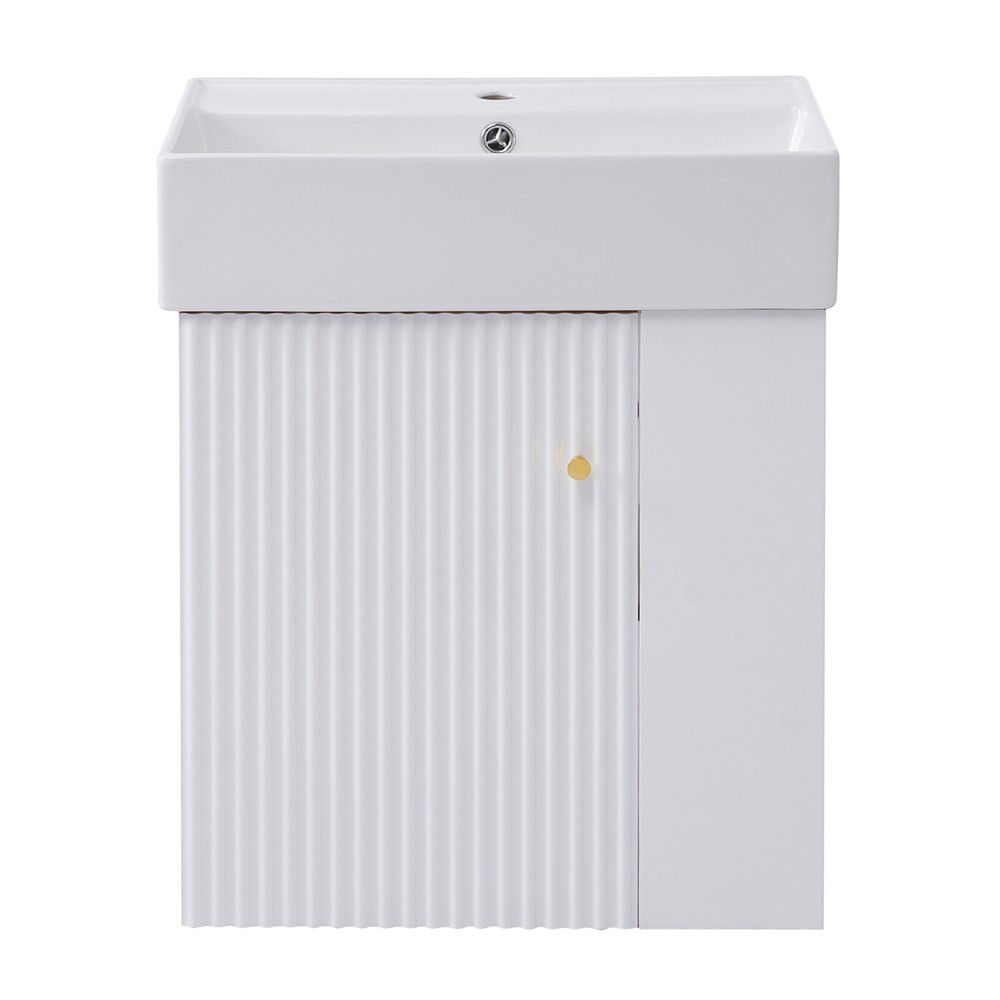 Modern Floating Bathroom Vanity Cabinet with Ceramic Basin and Side Storage