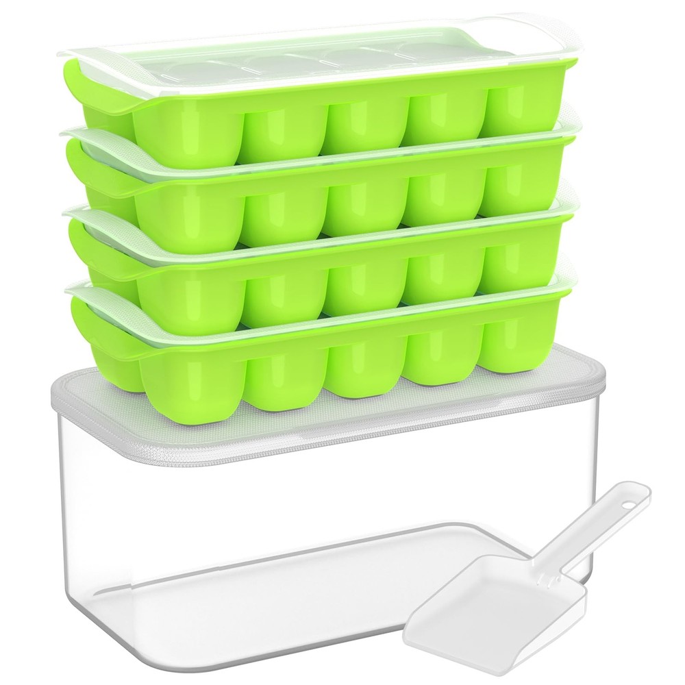Ice Cube Tray with Lid and Bin 4 Pack Ice Bucket Kits Stackable Silicone Ice