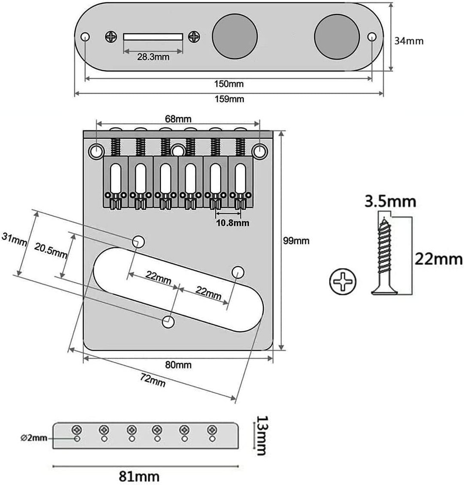 Telecaster Roller Bridge Plate 6 Saddle w/ Control Plate Guitar Black