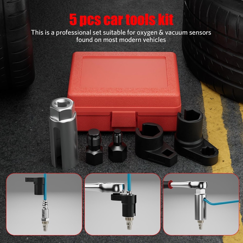 HTOMT 5PCS Oxygen Sensor Socket Removal Tool Wrench and Thread Chaser Set Red