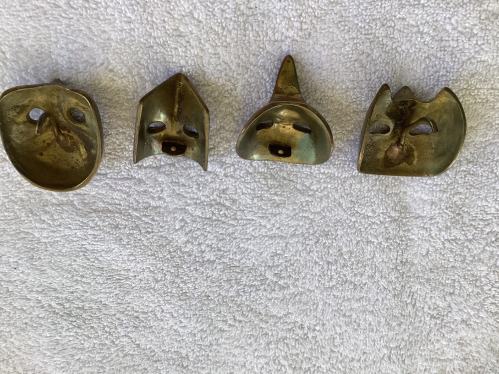 4 VINTAGE SOLID BRASS MINI Medieval MASK 2in TALL.