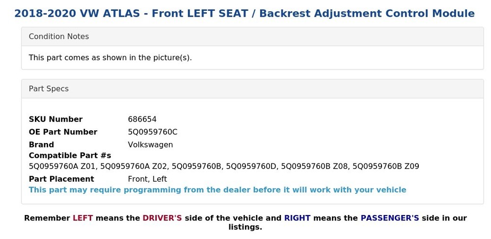 2018-2020 VW ATLAS - Front LEFT SEAT / Backrest Adjustment Control Module