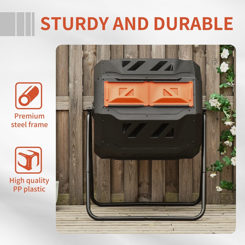 43 Gallon Tumbling Compost Bin Dual Chamber Rotating Composter, Orange