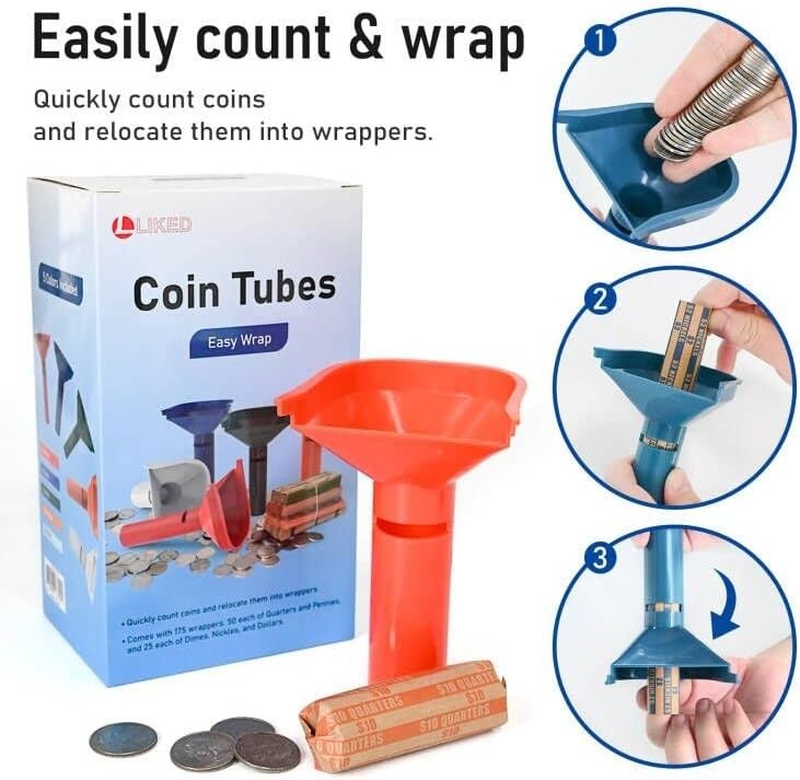 175 Assorted Coin Wrappers & 5 Color-Coded Sorting Tubes for Easy Use