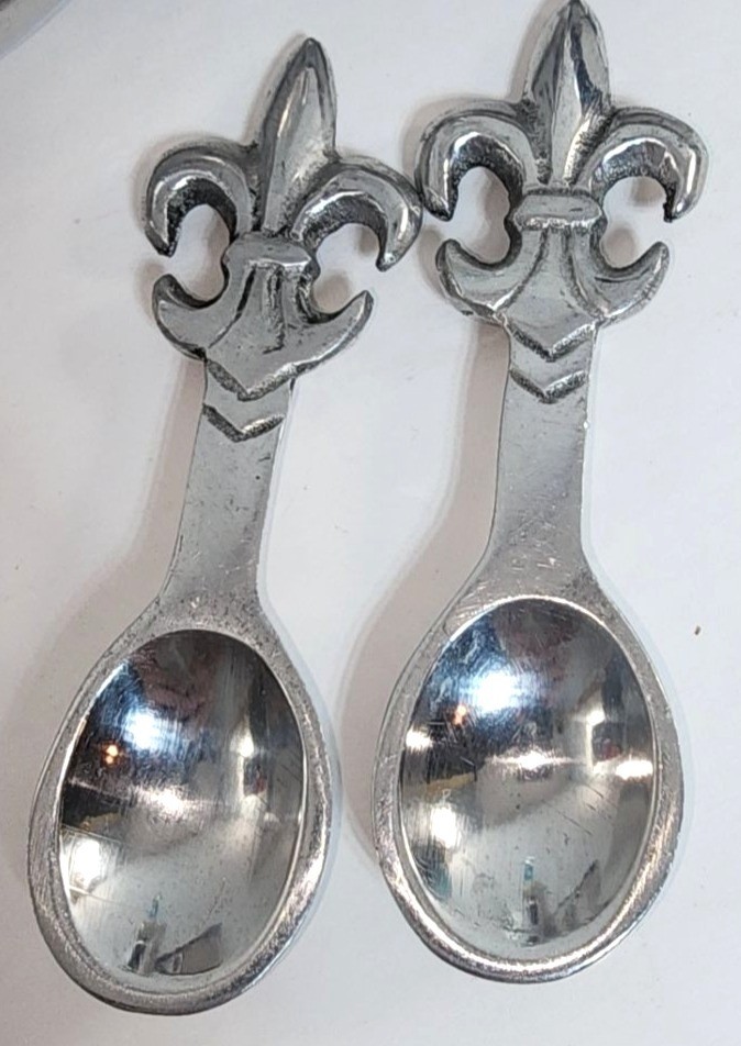 Pewter Shell Double Serving Dish Fleur-de-lis w/Spoons Snack Nuts Mints India Ma