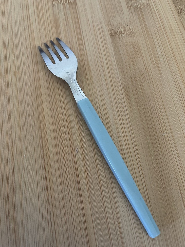 Stainless SAGE BLUE Plastic Cubed Handle SALAD FORK 6 1/8”