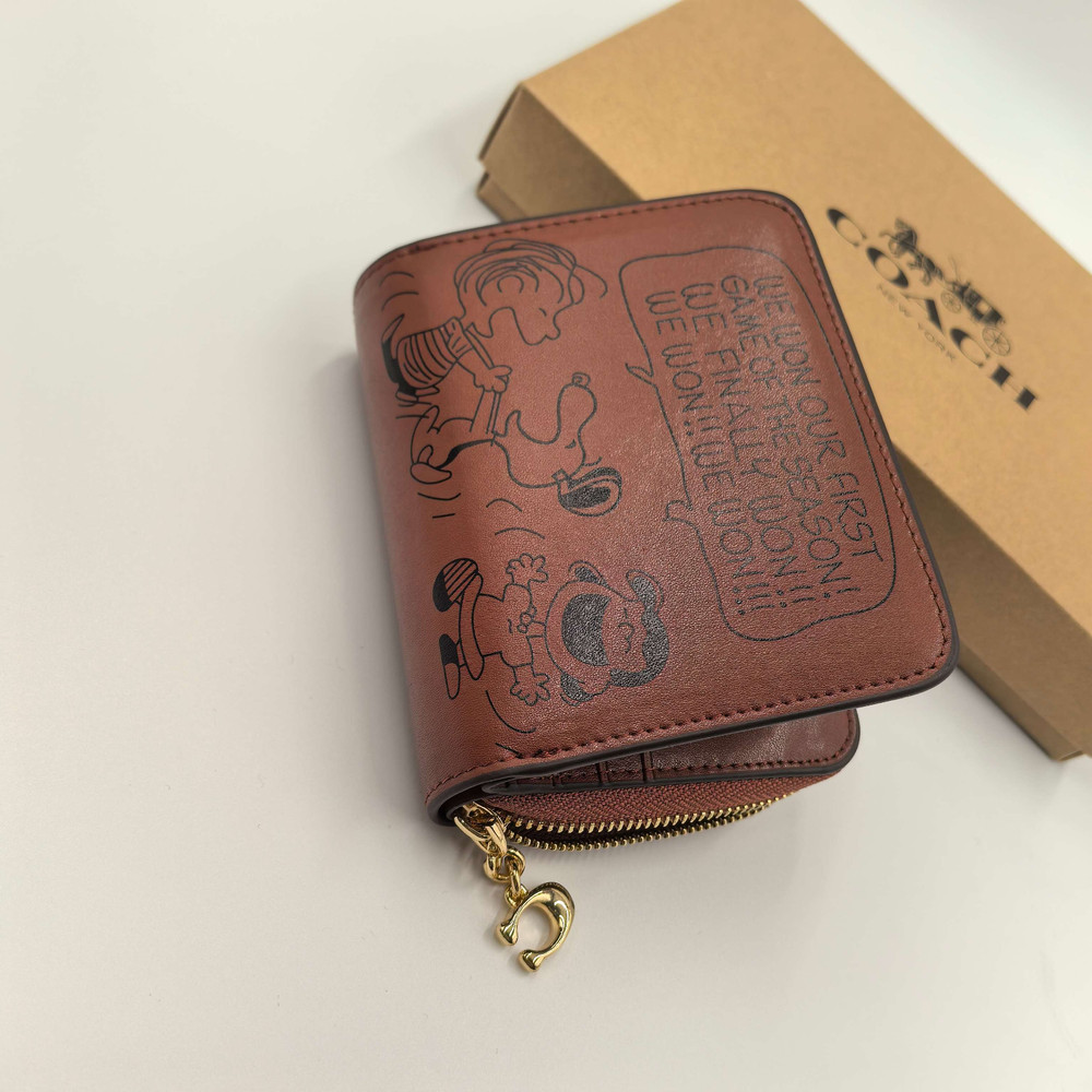 Coach x Snoopy Print Cartoon Pattern Medium Zip Wallet Brown