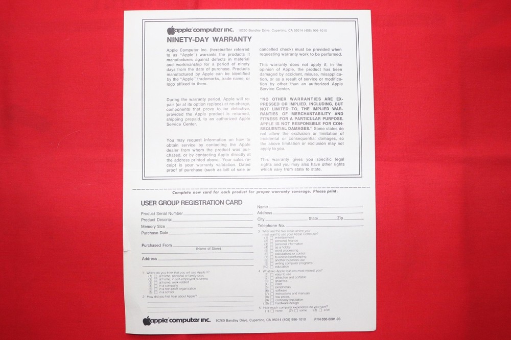 VINTAGE APPLE II COMPUTER WARRANTY, REGISTRATION, USER IMPUT FORMS