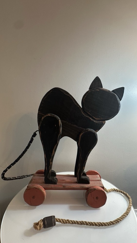 Vintage Folk Art Black Cat Pull Toy