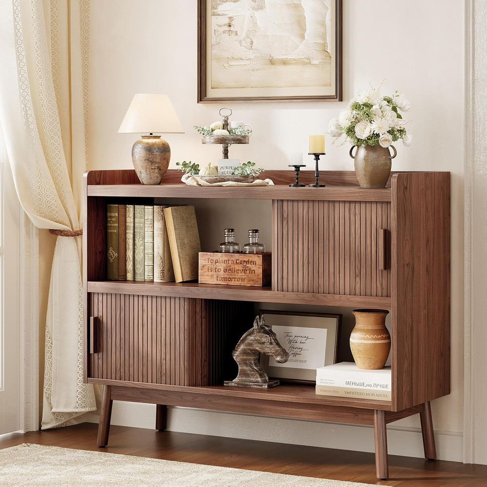 44" Sideboard Buffet Cabinet with Outlet & 2 Open Storage Spaces, Fluted Sideboa