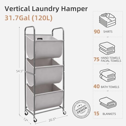 120 Liters Vertical Rolling Laundry Hamper, 3 Section Laundry 3 Tier Gray