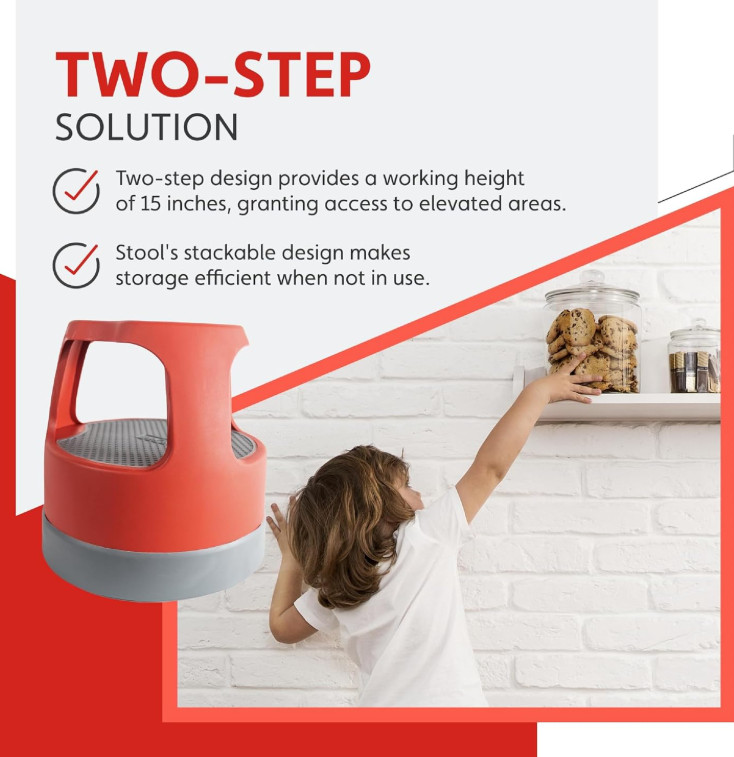 Cramer Scooter Stool 2-Step Rolling Step Stool 300 lb Red Plastic 16"