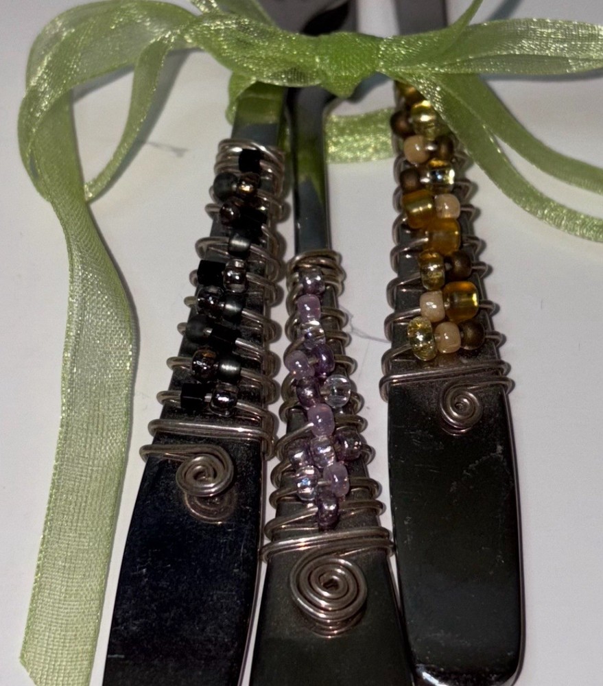 Hand Beaded Wire Wrapped Appetizer Small Spreader Fork and Spoon Set Stainless